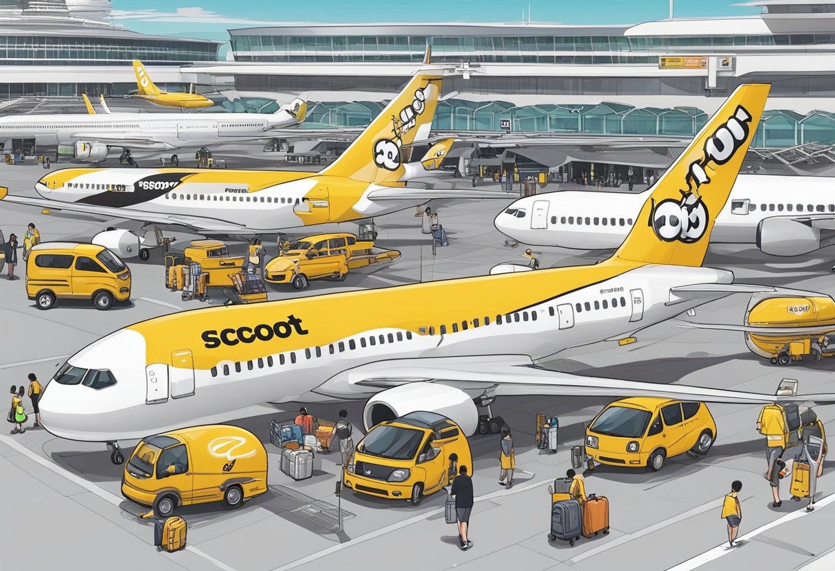 Scoot airplane parked at Changi Airport, with bustling activity and luggage carts in the foreground