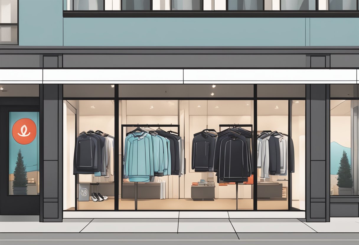 A storefront with bold, clean lines and a modern aesthetic. The lululemon logo prominently displayed. A welcoming atmosphere with well-organized product displays