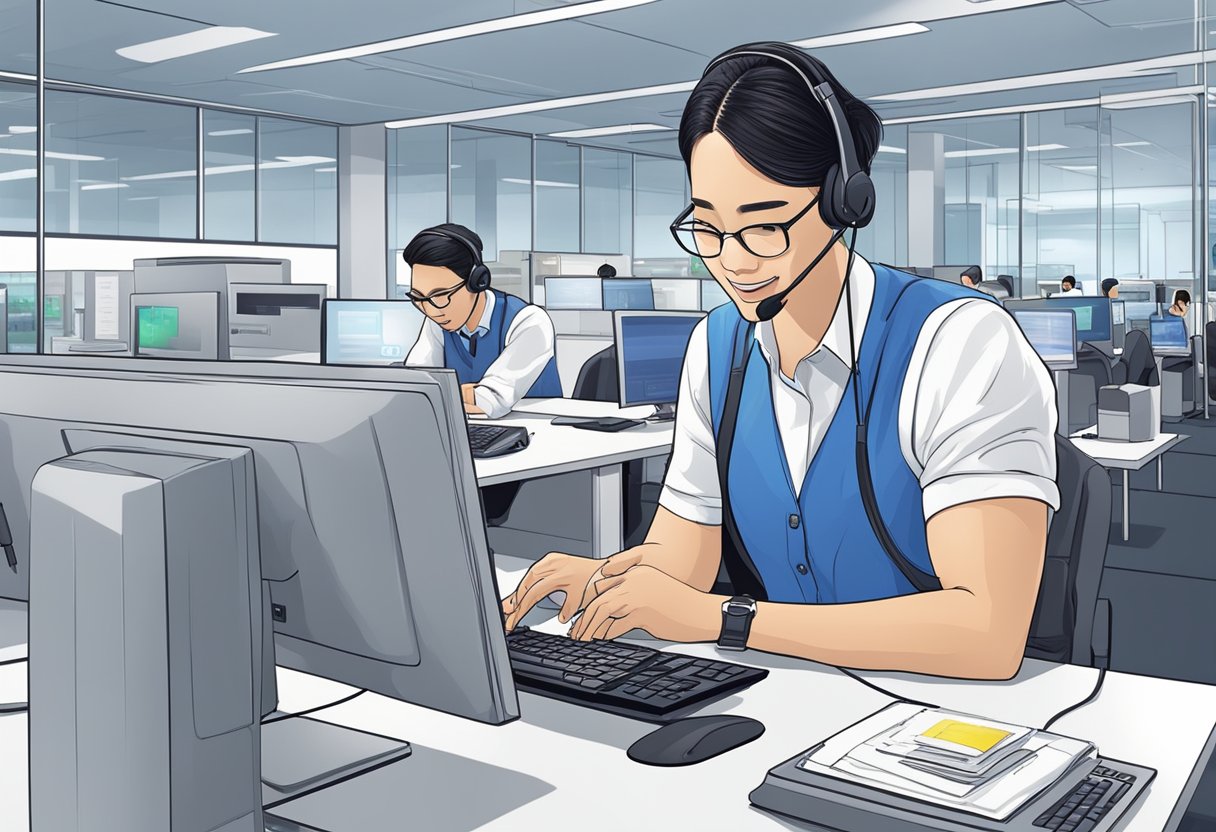 A customer service representative assists a client at a Samsung service and support center in Singapore