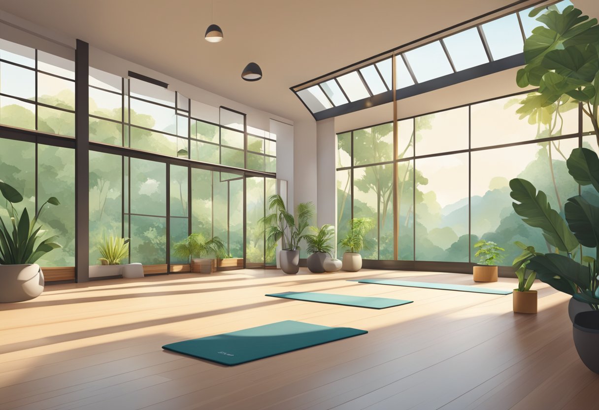 A serene yoga studio with a view of lush greenery and natural light, featuring minimalistic and modern design elements