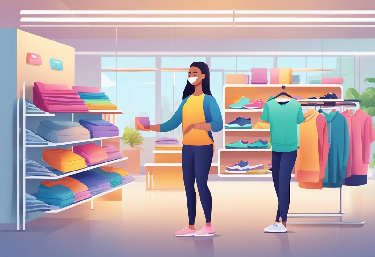 A bright, modern store with shelves of neatly folded activewear. A customer service desk with a friendly employee assisting a customer