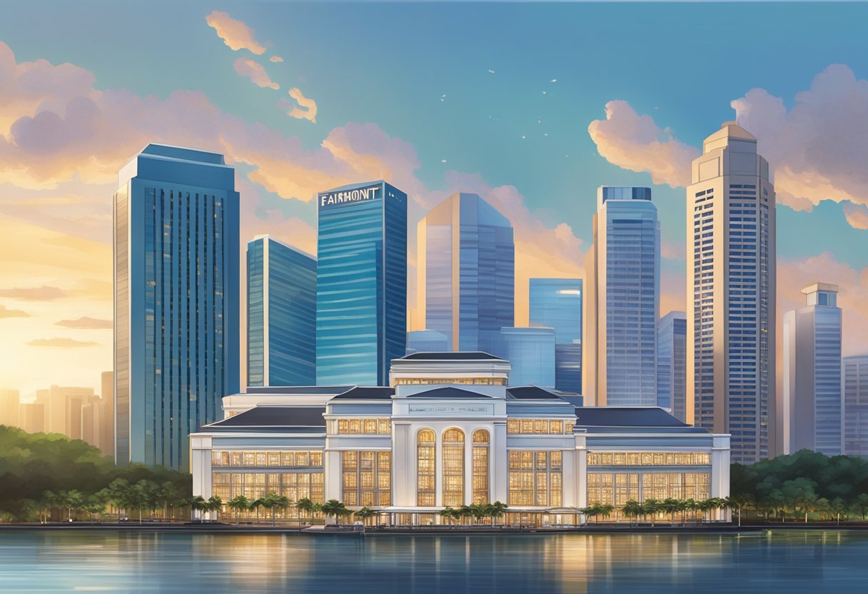 The Fairmont Singapore hotel stands tall against a backdrop of modern skyscrapers, with its distinctive architecture and luxurious amenities drawing the attention of passersby
