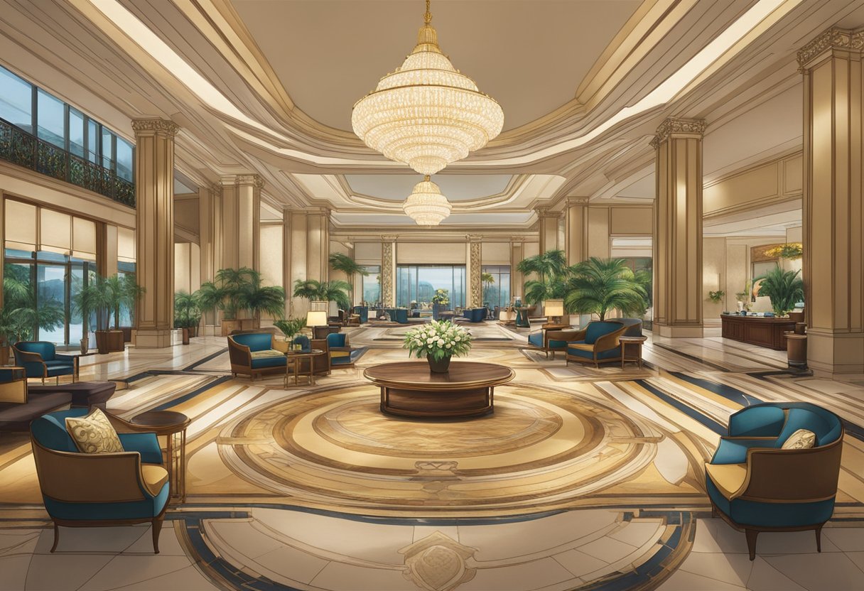 The grand lobby of Fairmont Singapore, with luxurious furnishings and elegant decor, welcomes guests to a world of opulence and comfort