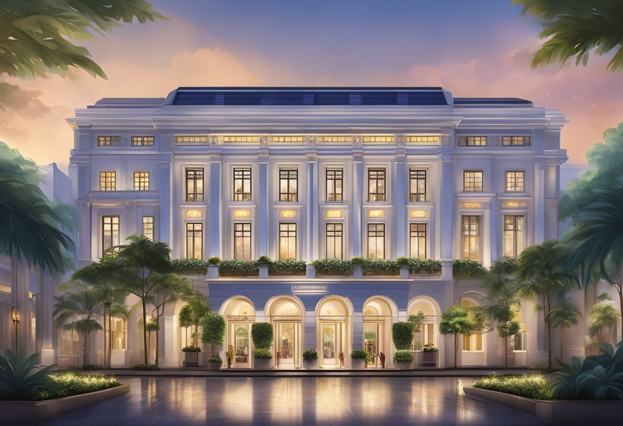 The Intercontinental Singapore: A modern, sleek hotel facade with a grand entrance and lush landscaping, surrounded by vibrant city lights