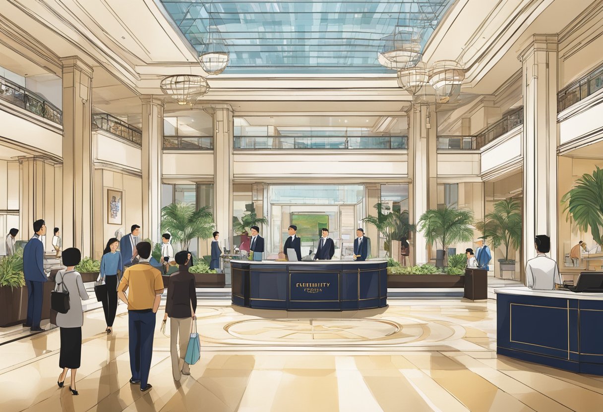 The lobby of Fairmont Singapore bustling with guests, a concierge desk, and a signboard displaying "Frequently Asked Questions" in bold letters