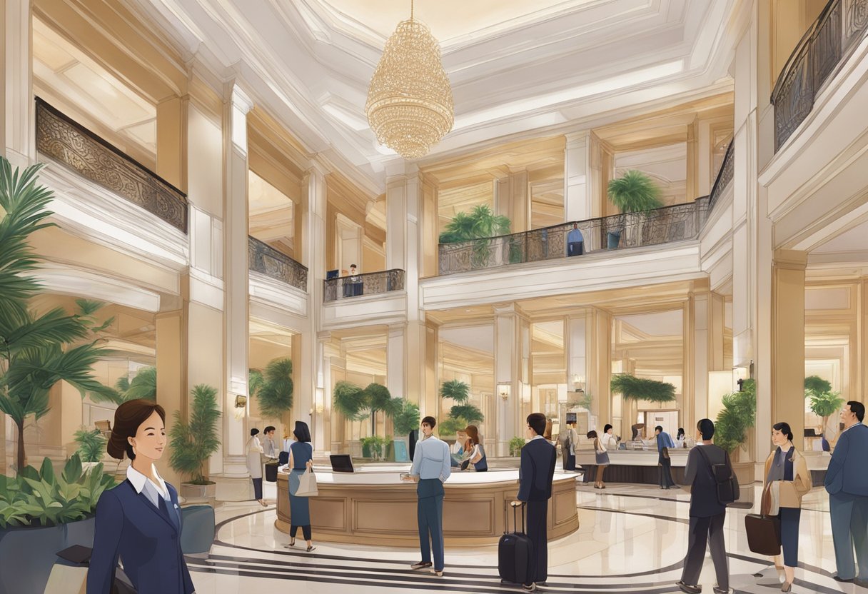 The bustling lobby of Intercontinental Singapore, with guests checking in and staff assisting, while others enjoy the hotel's amenities and services