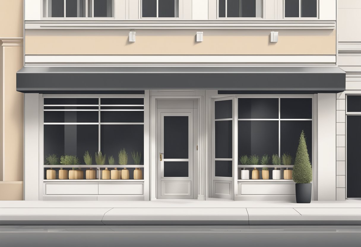 A minimalist storefront with clean lines and neutral colors, showcasing simple and functional products