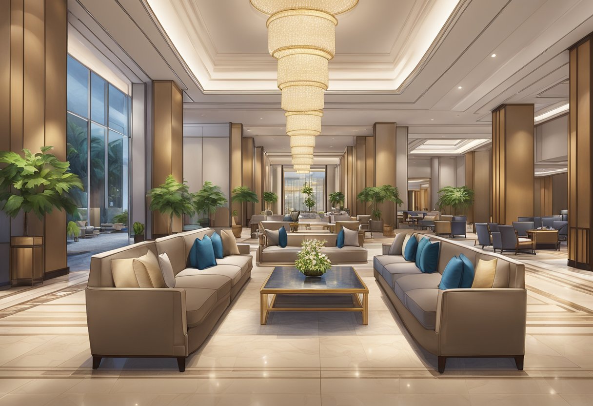 The lobby of Concorde Hotel Singapore exudes luxury with plush furnishings and warm lighting, creating a welcoming and comfortable atmosphere for guests