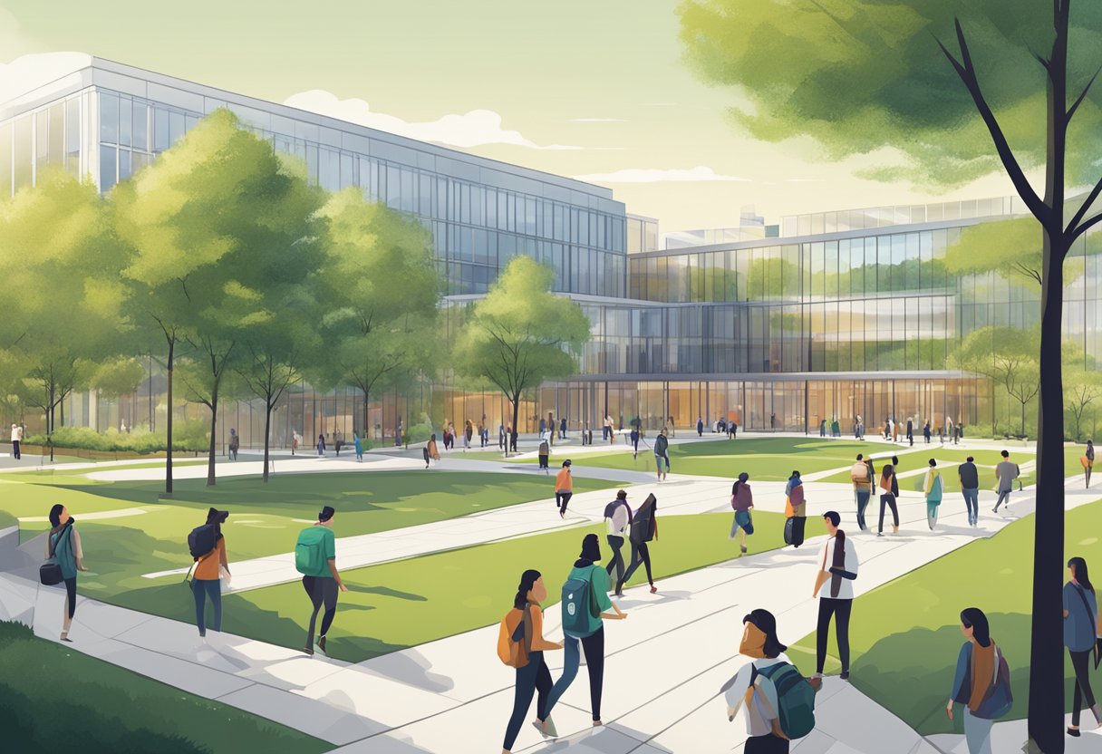 A bustling campus with modern buildings, green spaces, and students walking between classes. The iconic SP logo is prominently displayed on the main building