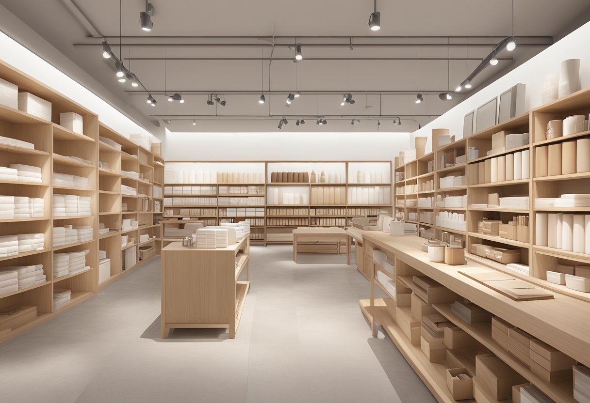 A serene display of minimalist home goods and stationery at Muji Singapore, with clean lines and neutral colors, inviting exploration