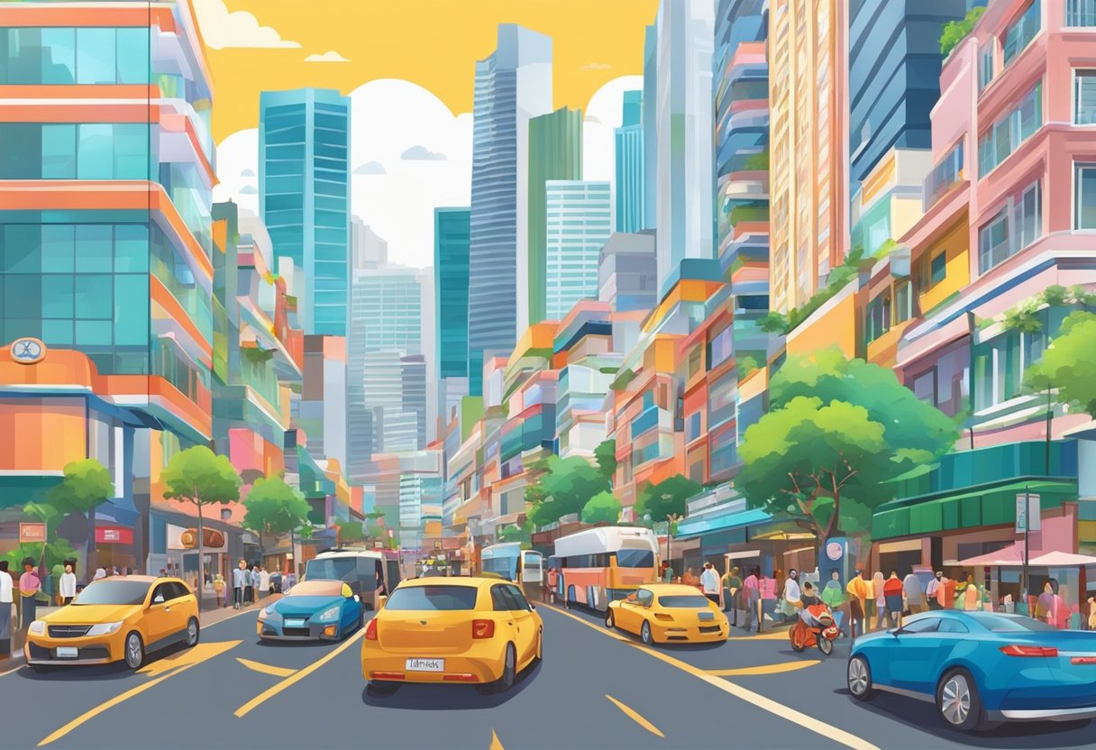 A bustling street in Singapore, with colorful shophouses and modern skyscrapers, filled with people and vehicles