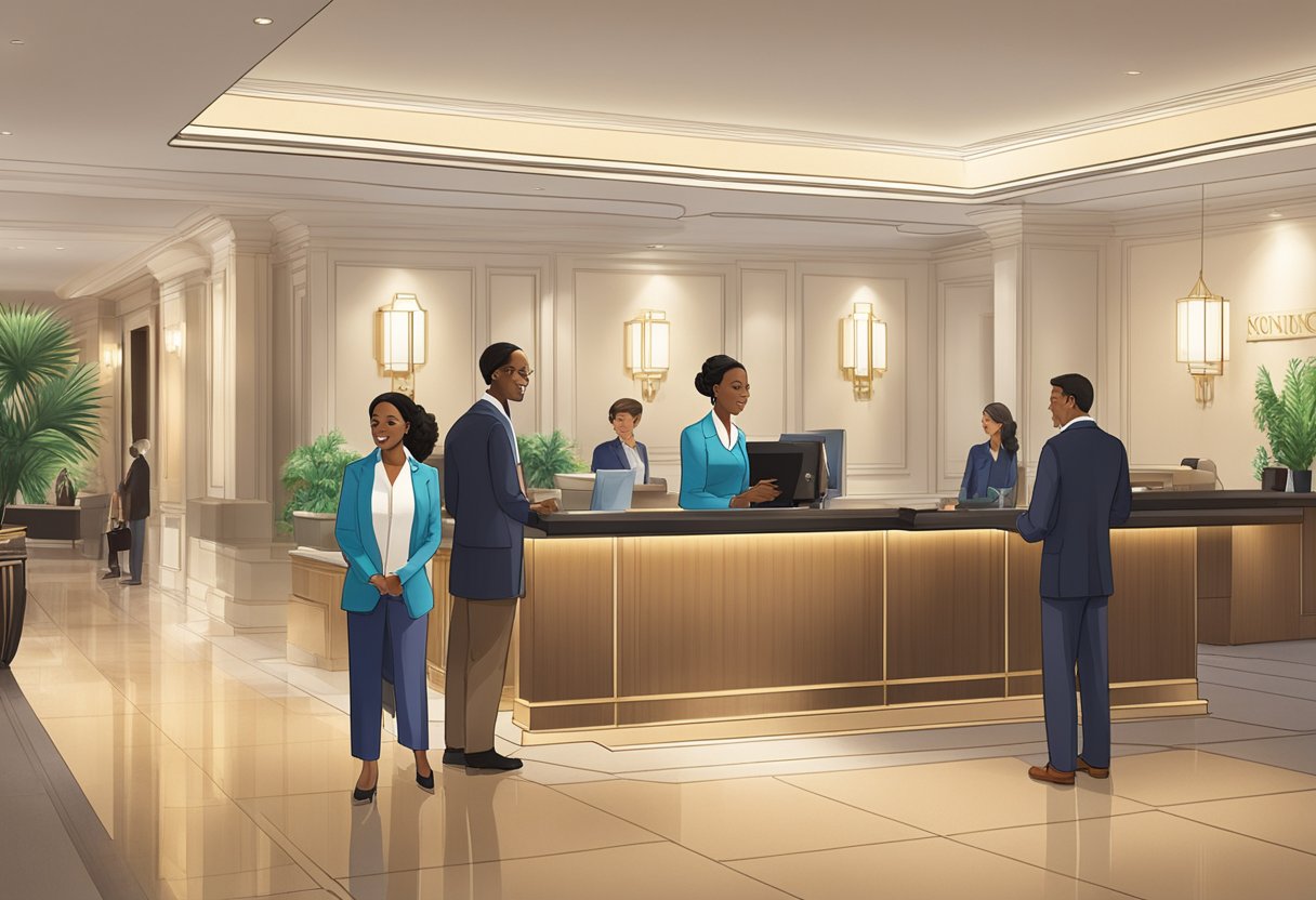 Guests line up at the concierge desk, while others relax in the hotel's spacious lobby. The hotel's logo is prominently displayed on the wall behind the reception area
