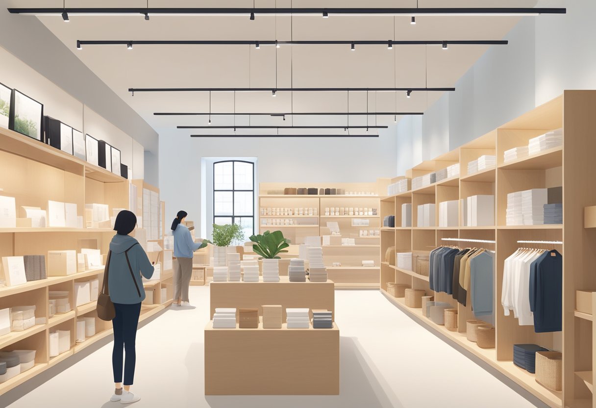 Customers browsing minimalist products in Muji store, with natural light and clean, organized displays