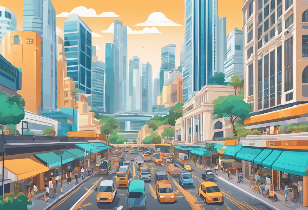 The bustling streets of Reddit Singapore, with iconic landmarks and diverse people, captured in a vibrant cityscape