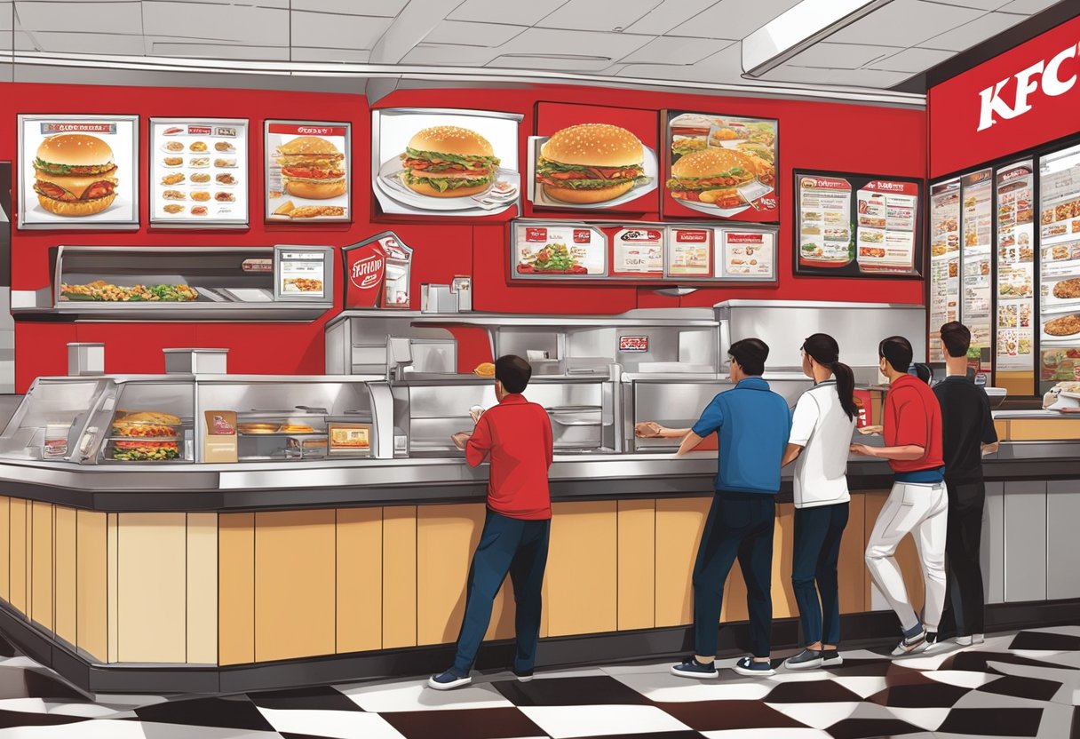 Customers ordering at KFC counter, staff preparing meals, iconic red and white decor, menu boards, and logo prominently displayed