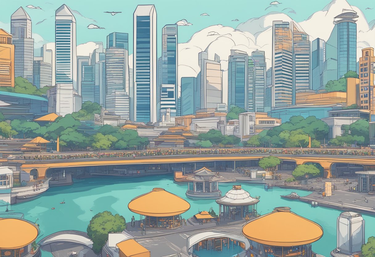 A bustling cityscape in Singapore with iconic landmarks and a digital interface overlay symbolizing Reddit's influence in the country