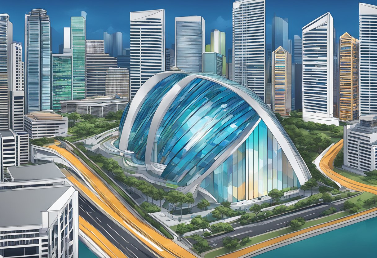 The iconic skyline of Singapore with the famous ASICS logo prominently displayed on a modern building