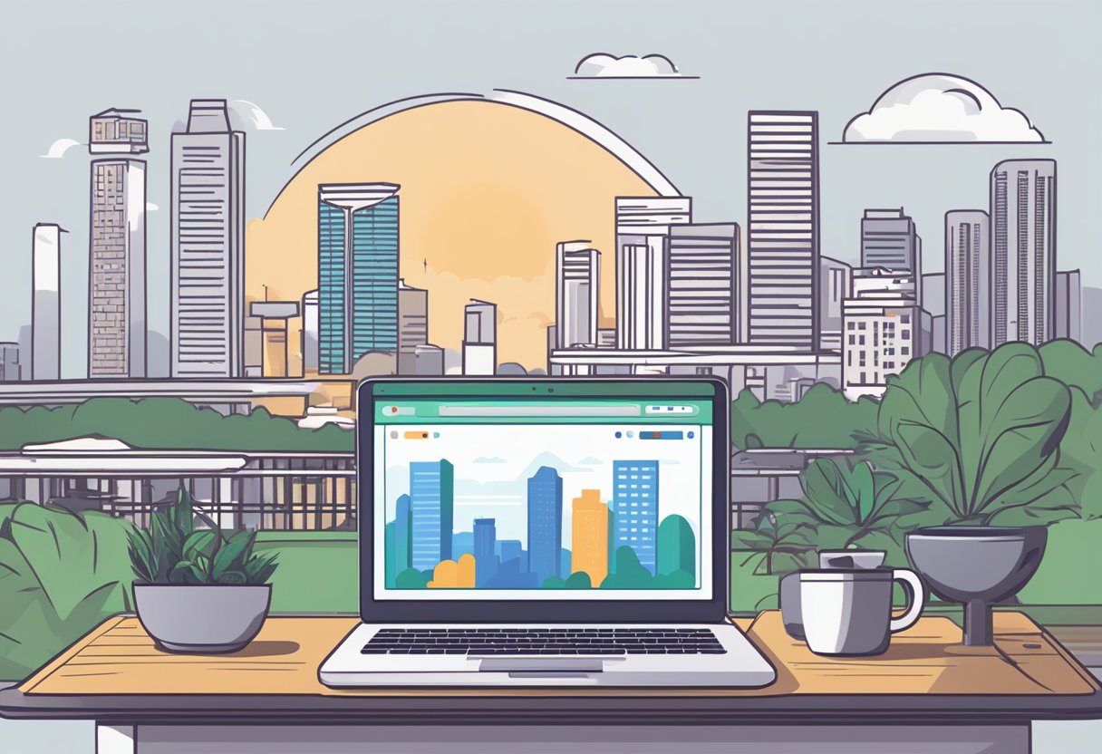 Reddit Singapore FAQ page: laptop open, Singapore skyline in background, user scrolling through questions, upvote and downvote buttons visible