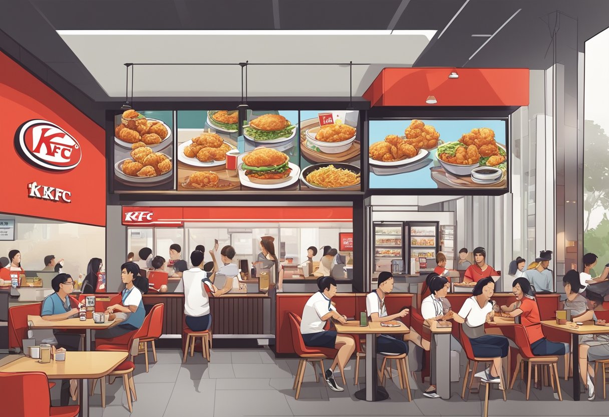 A bustling KFC Singapore with customers ordering and enjoying meals. Vibrant signage and a welcoming atmosphere