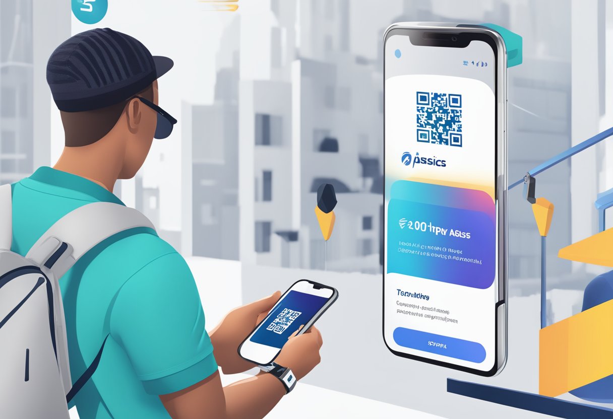 A person scanning a QR code on their smartphone to join the OneAsics loyalty program, with the Asics logo and branding prominently displayed