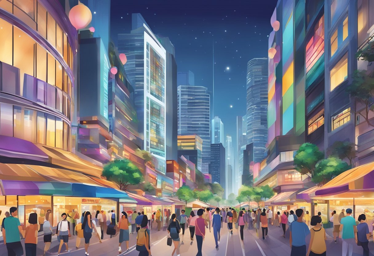 A bustling street lined with vibrant shops and towering skyscrapers, Orchard Road in Singapore is filled with colorful lights and bustling crowds