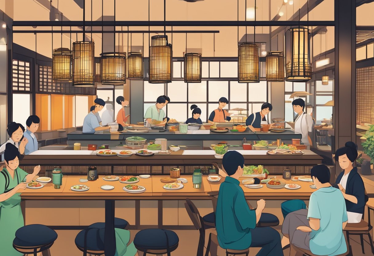 A bustling Japanese restaurant in Singapore, with traditional lanterns, wooden tables, and a sushi bar. Customers enjoy their meals while chefs prepare fresh, colorful dishes