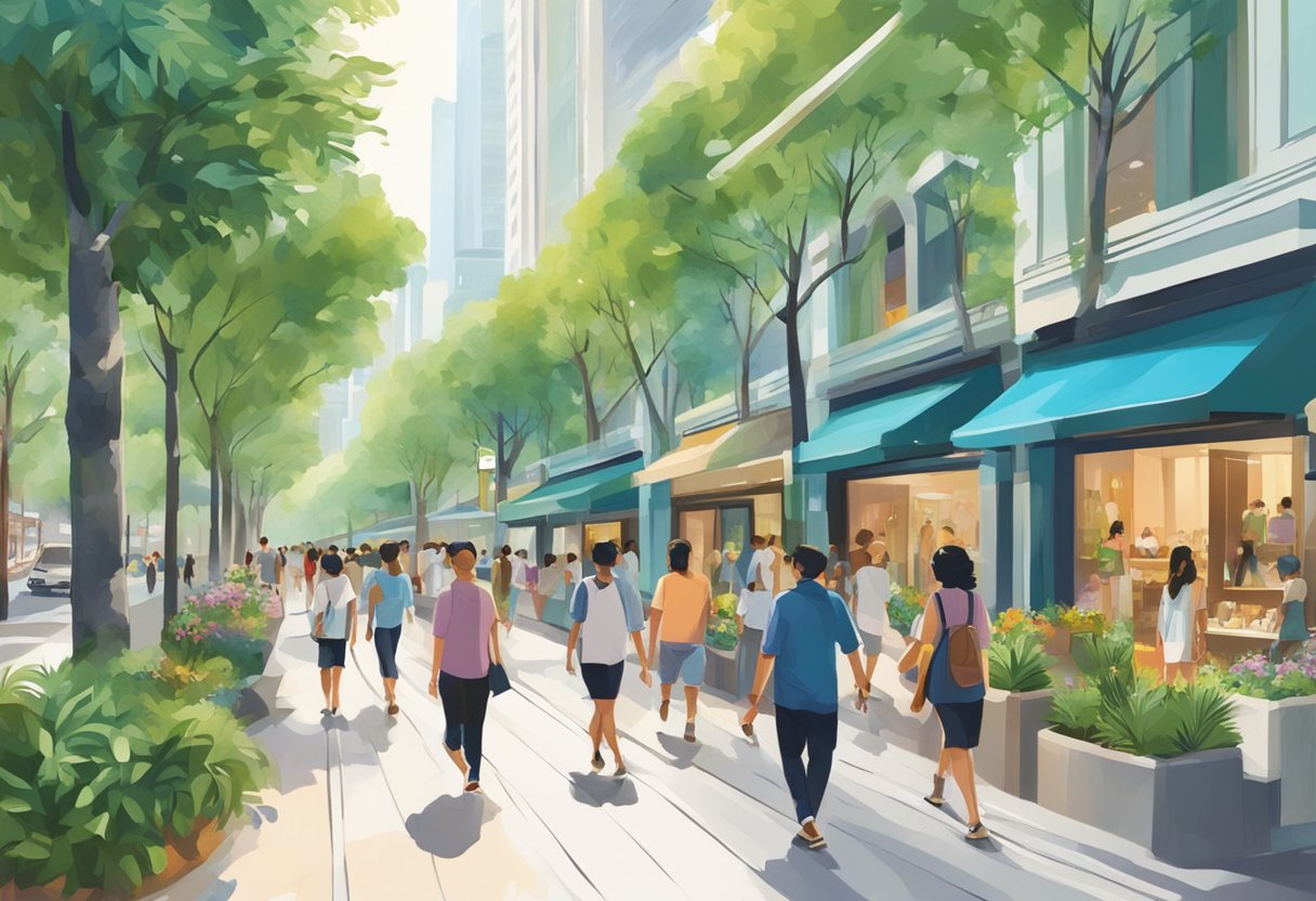 People strolling past luxury boutiques and vibrant storefronts on Orchard Road, with lush greenery lining the bustling street