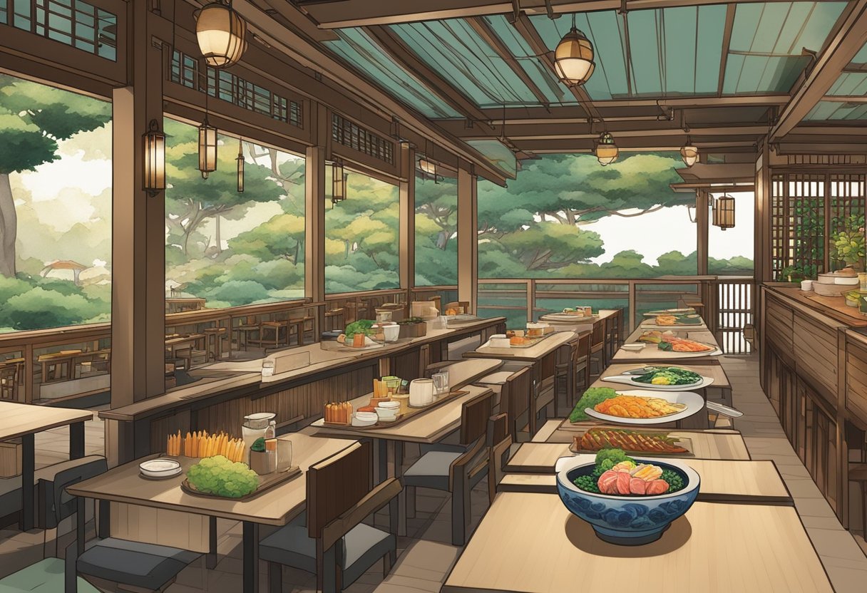 A bustling Japanese restaurant in Singapore with colorful sushi, steaming bowls of ramen, and sizzling teppanyaki grills. A serene garden adds a touch of traditional Japanese ambiance