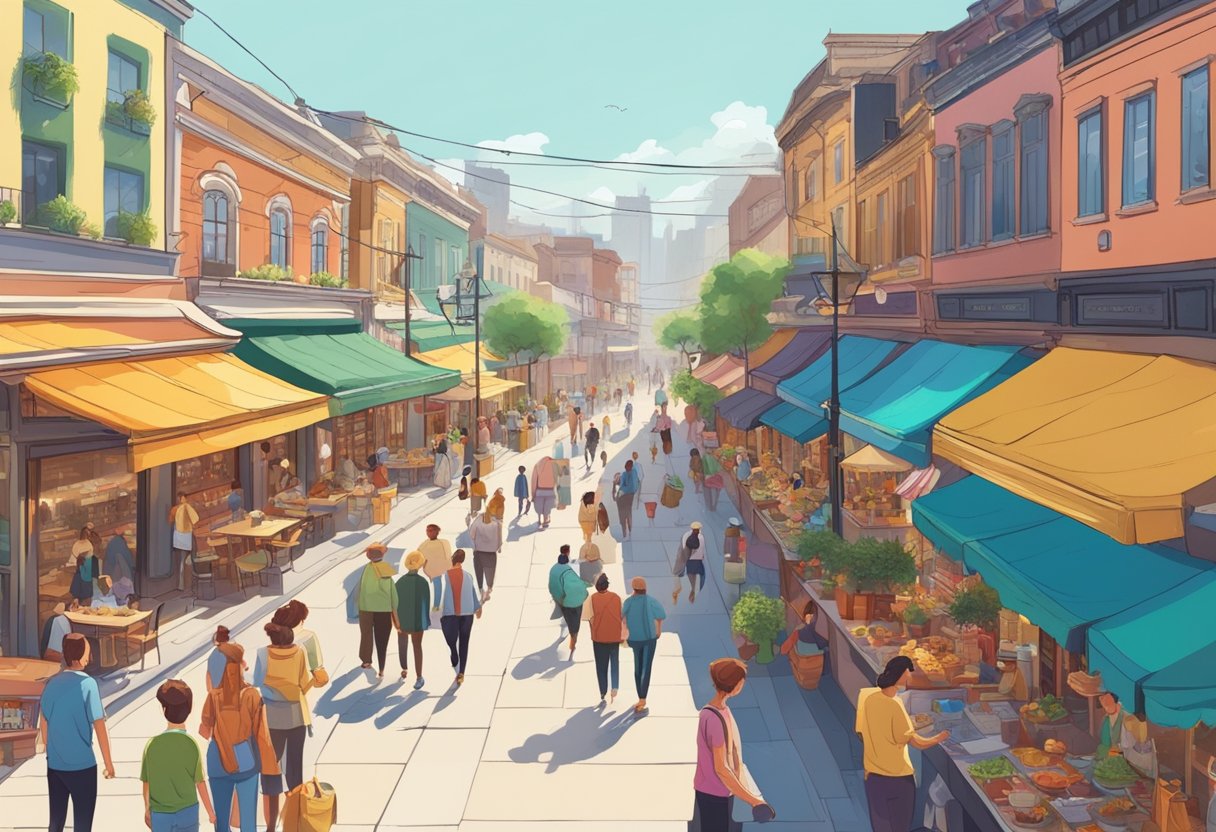 A bustling street lined with vibrant shops and colorful billboards, filled with people enjoying leisurely strolls and outdoor dining