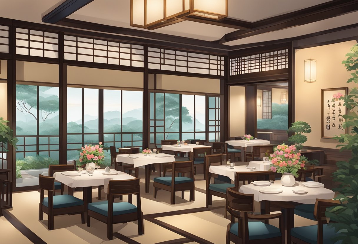 A traditional Japanese restaurant in Singapore, featuring elegant decor, low tables, and a serene ambiance with soft lighting and beautiful floral arrangements