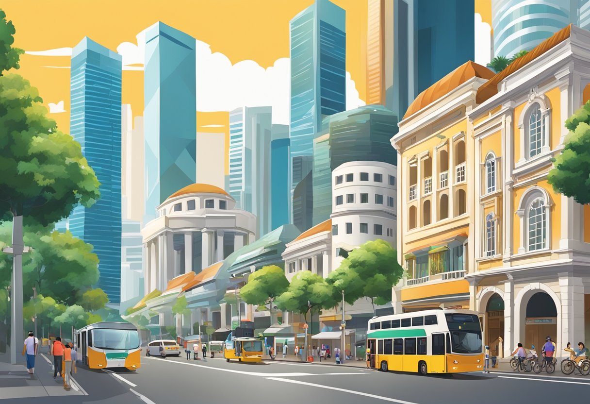 A bustling street in Singapore with iconic landmarks, vibrant colors, and a mix of modern and traditional architecture