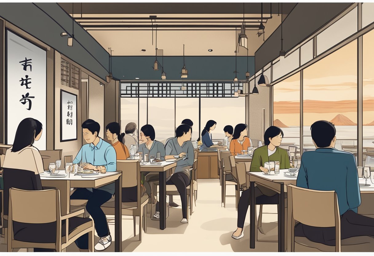 Customers dining at a modern Japanese restaurant in Singapore, with a sign reading "Frequently Asked Questions" displayed prominently