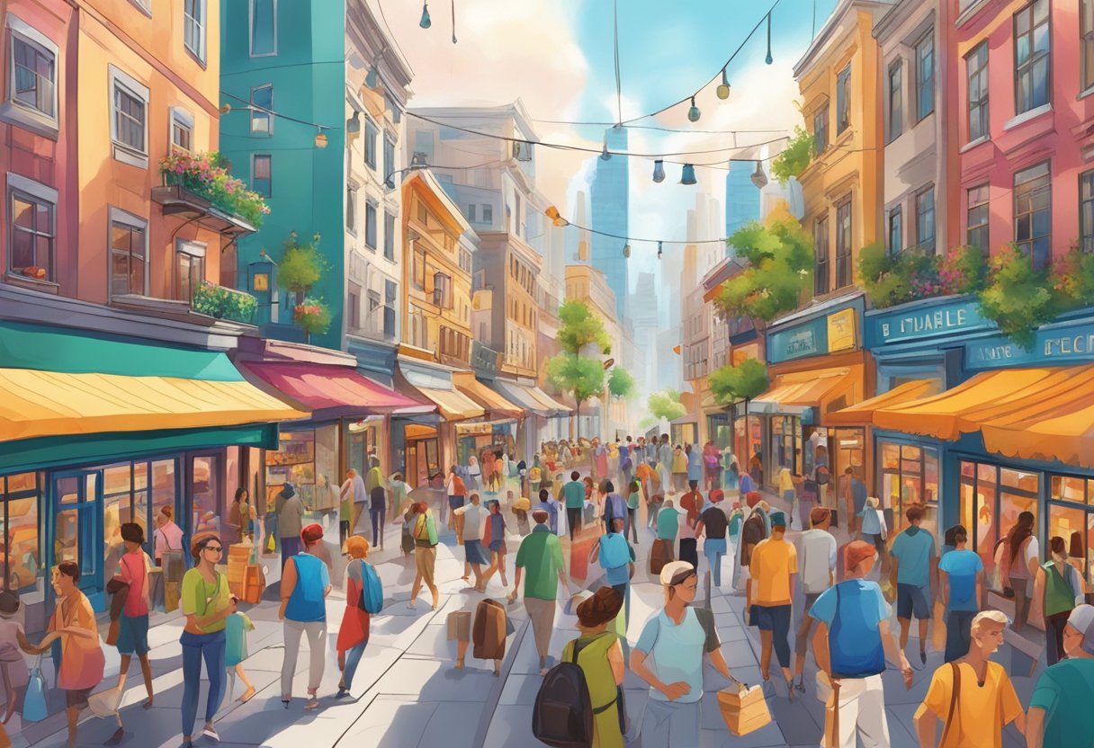 A bustling street lined with shops and restaurants, filled with people and vibrant energy. Tall buildings and colorful signs create a lively atmosphere
