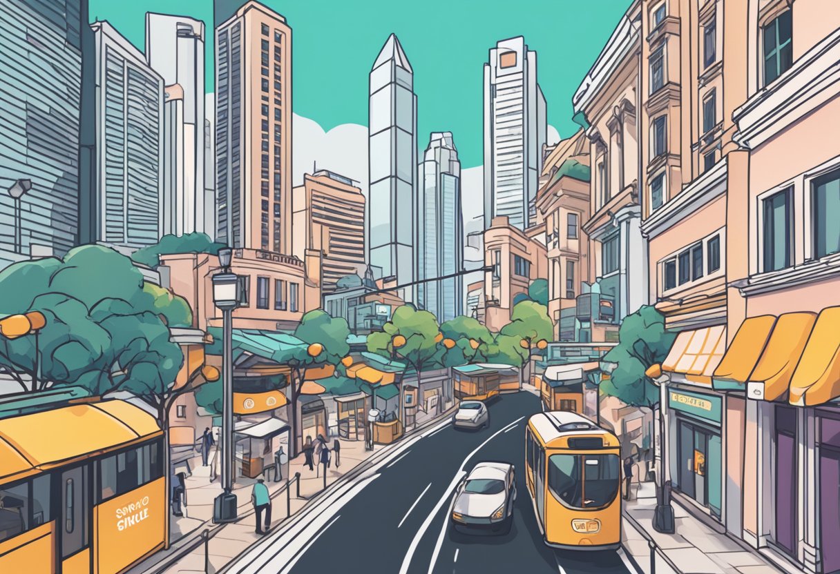 A bustling cityscape with iconic Singapore landmarks in the background, showcasing Casetify's storefront and logo prominently displayed