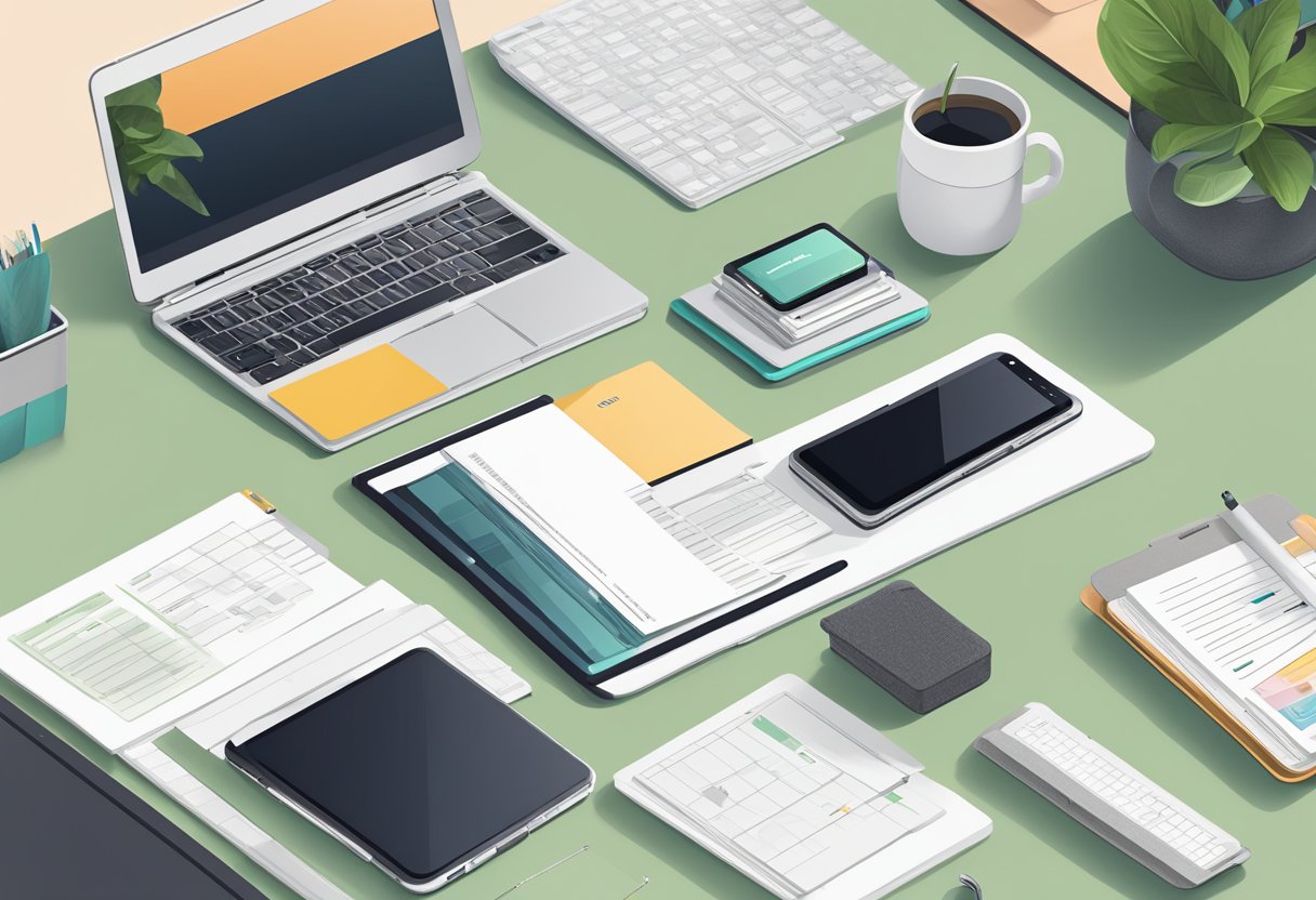 A laptop and smartphone with Casetify cases on a desk, surrounded by customer inquiries and FAQ documents