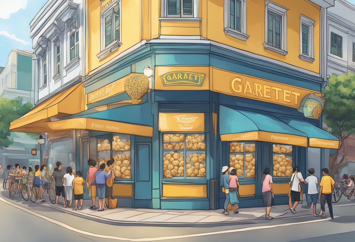 A bustling Singapore street corner with a colorful storefront featuring the iconic Garrett Popcorn logo. Customers line up outside, drawn in by the enticing aroma of freshly popped popcorn