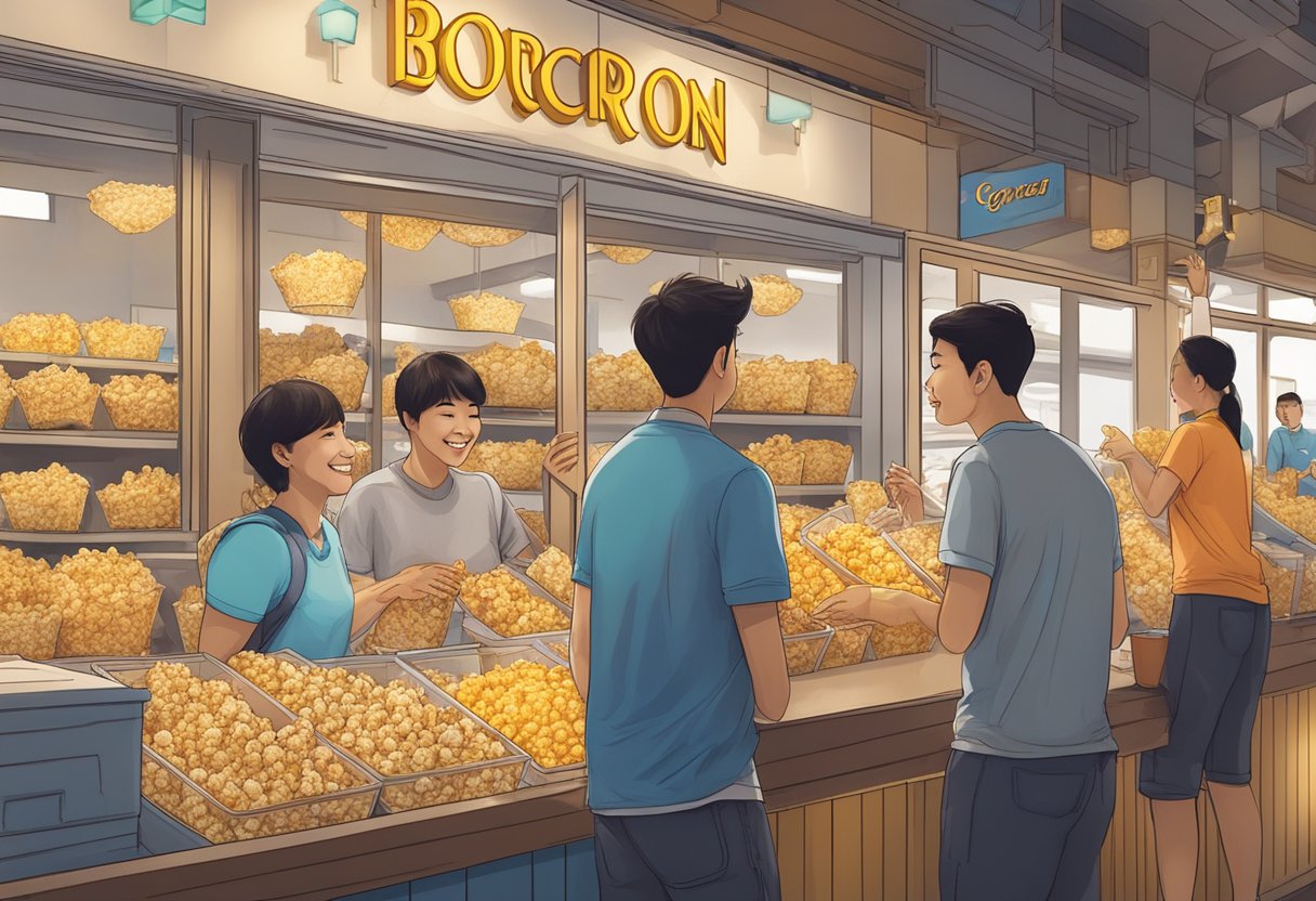 Customers savoring various flavored popcorn at Garrett Popcorn Shops in Singapore