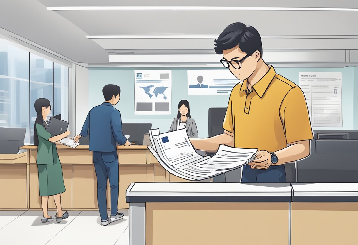 A person submitting documents for Singapore PR application at an immigration office counter