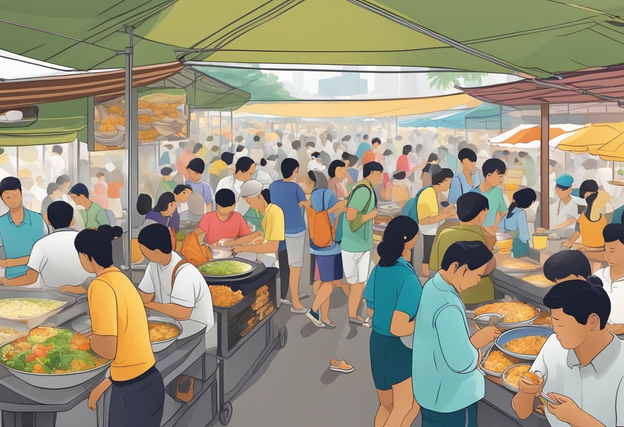 A bustling hawker center in Singapore, with colorful stalls selling various dishes. A prominent stall features a large, steaming pot of fragrant potato soup, surrounded by eager customers