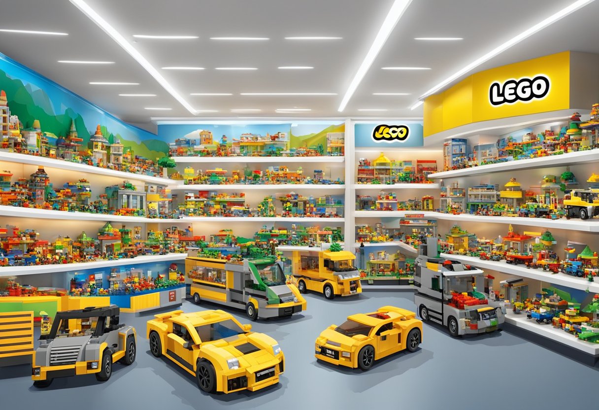 A colorful display of Lego sets in a Singaporean store, showcasing various buildings, vehicles, and characters