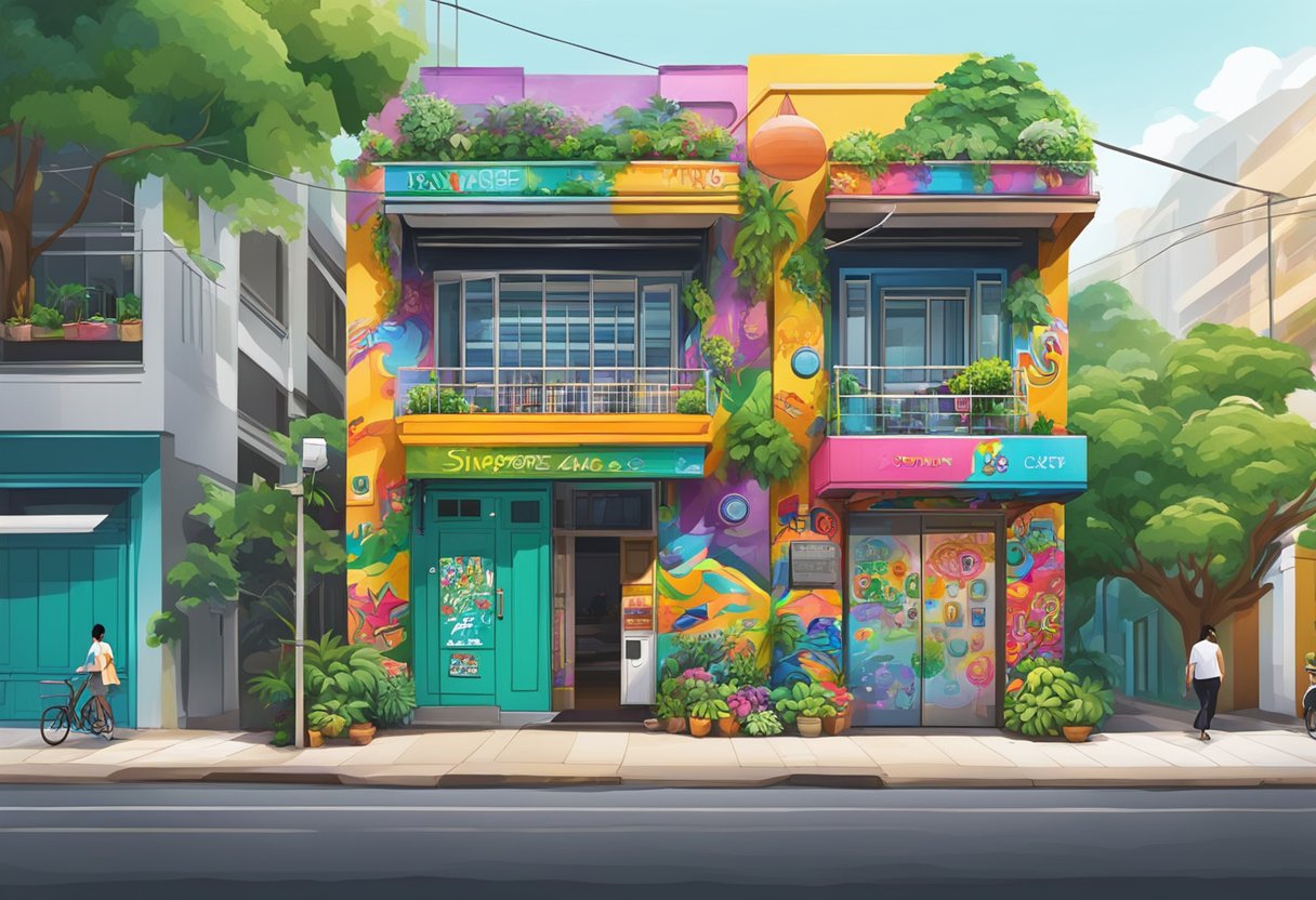 Colorful Potato Head Singapore facade with vibrant graffiti and iconic logo, surrounded by lush greenery and bustling city streets