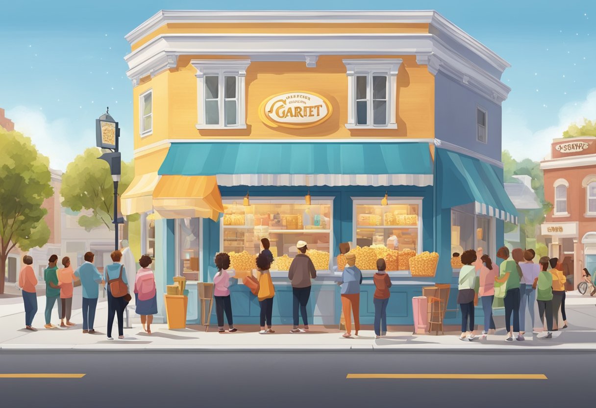 A colorful popcorn shop with a welcoming storefront and a line of customers eager to try the famous Garrett Popcorn