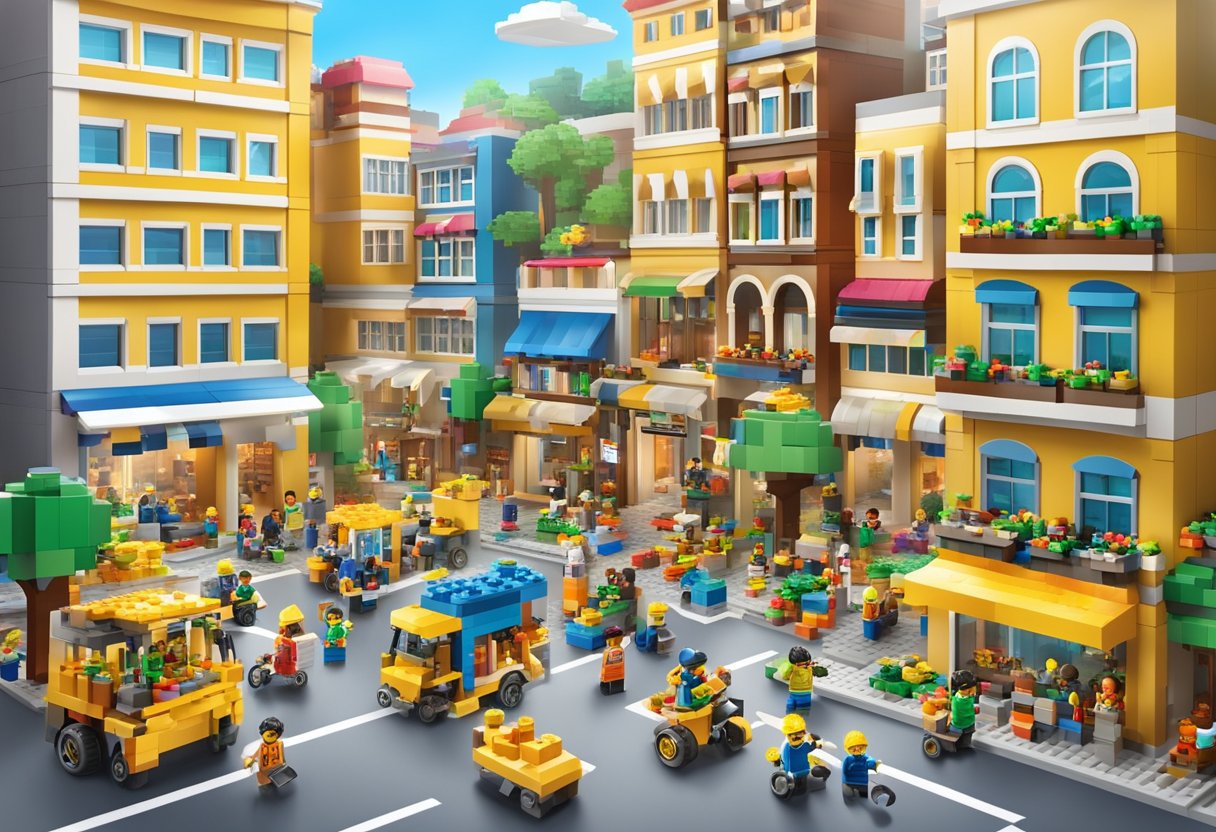 A bustling Lego Singapore event with people of all ages building and playing with colorful bricks in a vibrant, interactive atmosphere