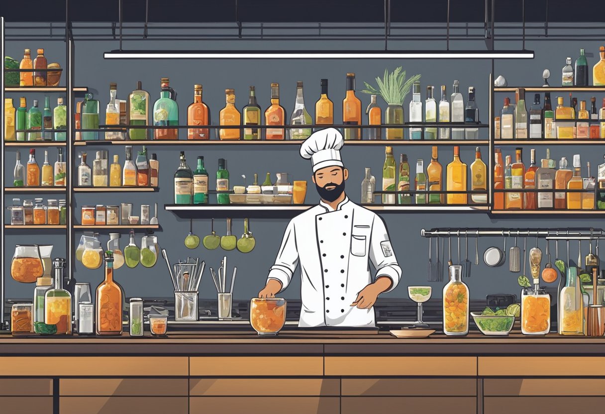 A vibrant bar with shelves of liquor, a mixologist crafting cocktails, and a chef preparing gourmet dishes in a modern, industrial-style kitchen at Potato Head Singapore