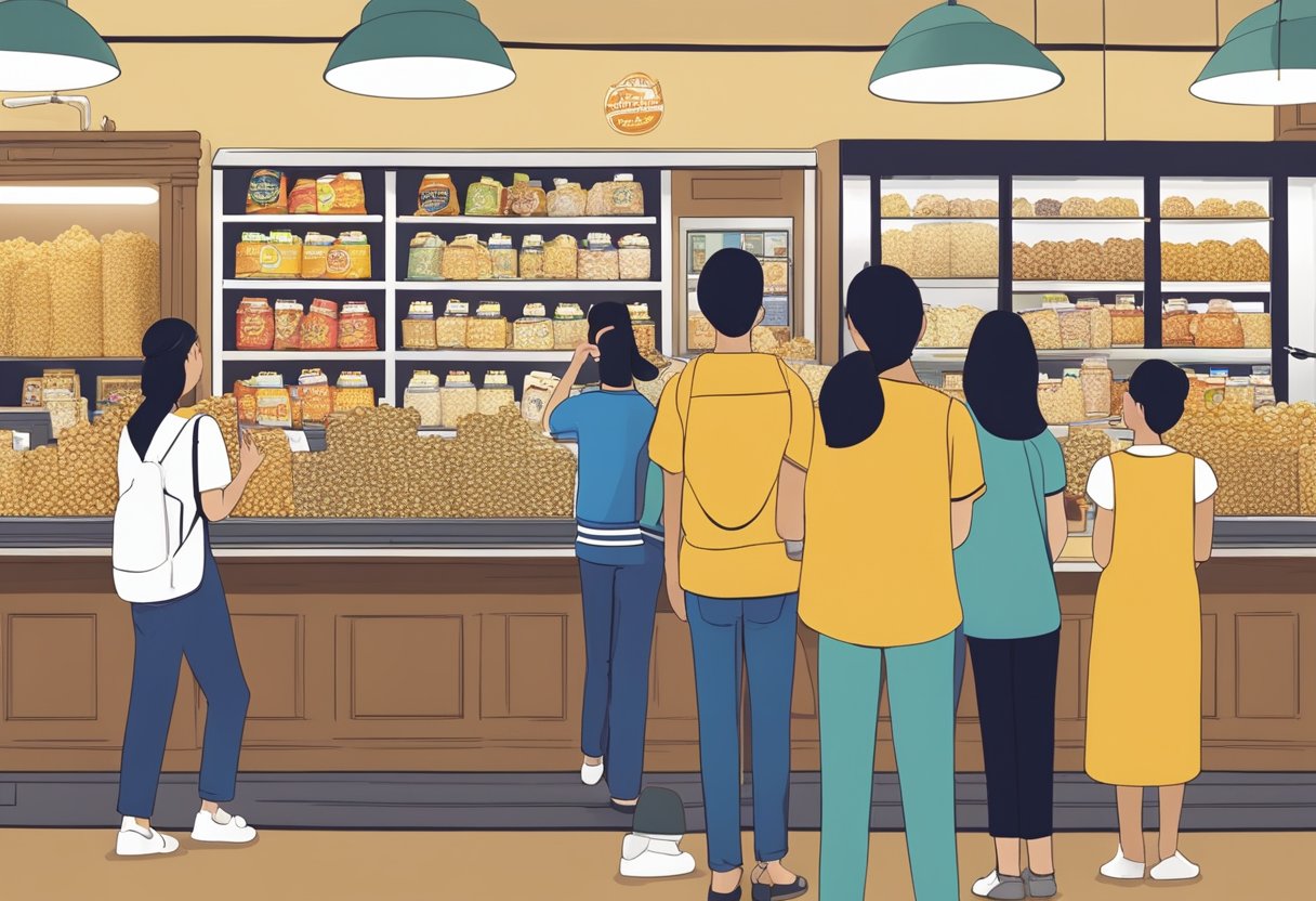 A crowded Garrett Popcorn Singapore store with a line of customers, a display of various flavored popcorn tins, and a staff member answering questions
