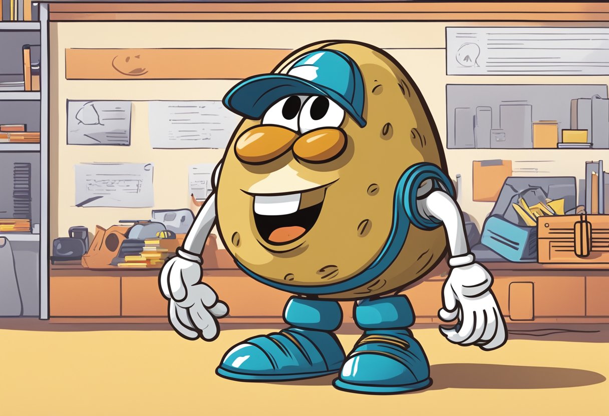 A potato head mascot in front of a backdrop with "Frequently Asked Questions" and "Singapore" written in bold letters