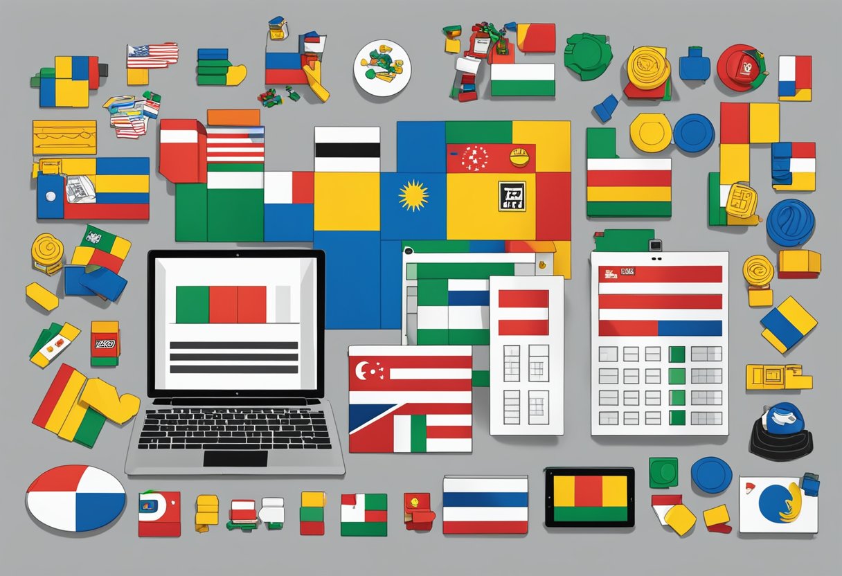 A table with a laptop displaying "Frequently Asked Questions lego singapore," surrounded by LEGO sets and a Singaporean flag