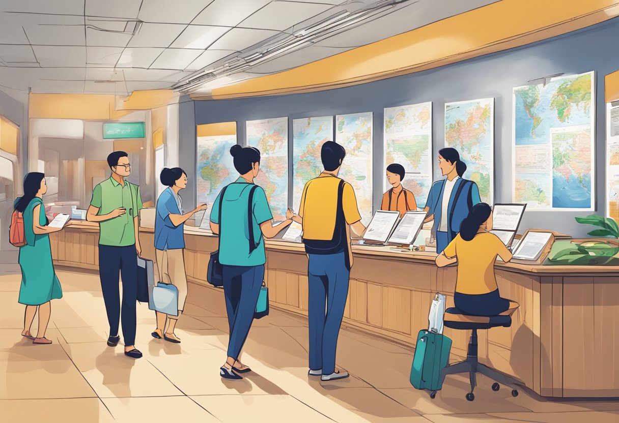 A bustling tour agency in Singapore, with colorful brochures on display and a large world map on the wall. Customers chat with staff while booking their next adventure
