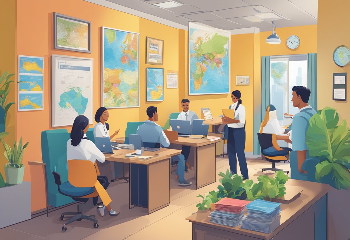 A bustling tour agency office with colorful brochures, a world map on the wall, and a friendly staff assisting customers