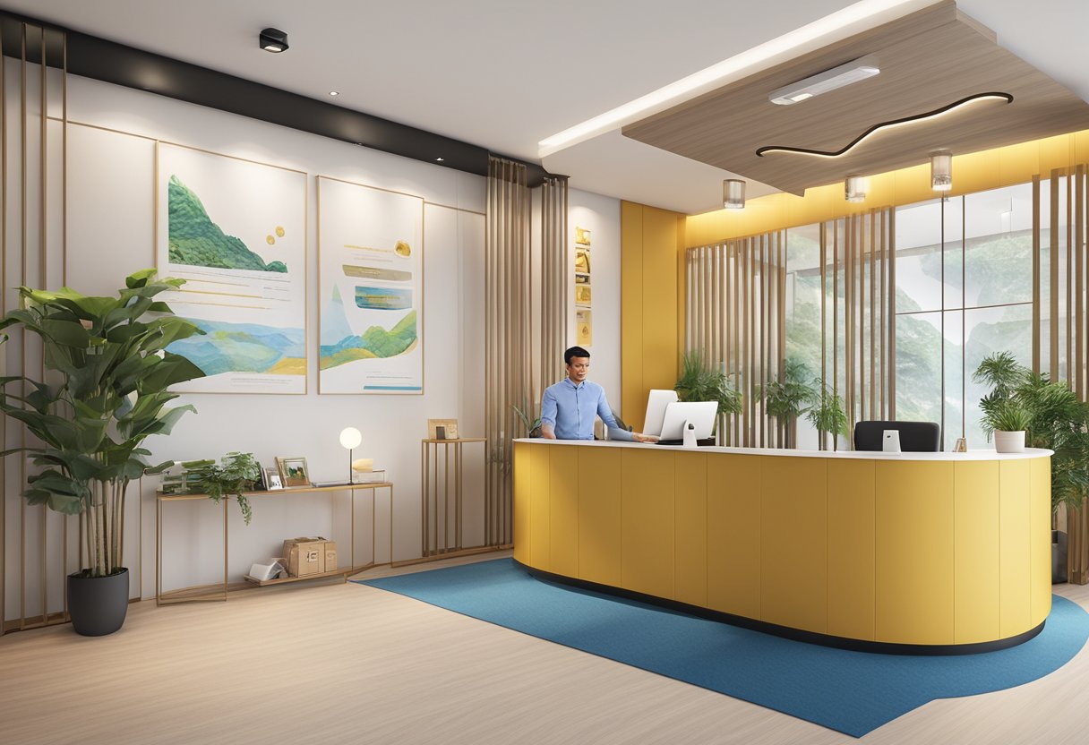 A bright, modern tour agency office in Singapore, with a welcoming reception area and a wall adorned with awards and customer testimonials